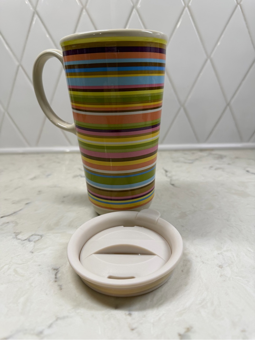 Longaberger Summertime Stripe Pottery Travel Mug with Lid 16oz Vintage